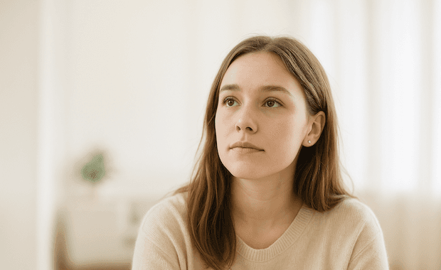 Ung kvinna i lugn miljö tittar tankfullt åt sidan.