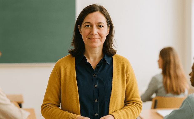 Lärare i ett ljust klassrum som står framför sina elever och ler varmt mot kameran. Eleverna sitter vid sina bänkar i bakgrunden.