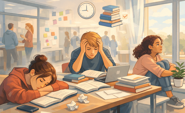 Tre elever visar tecken på stress i ett klassrum – en sover över böckerna, en håller huvudet i händerna och en sitter ihopkrupen vid fönstret.