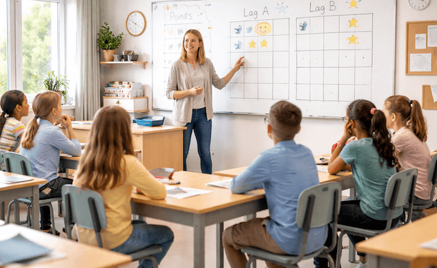 Lärare står vid whiteboard med poängtavla för lag medan elever sitter vid bänkar och arbetar i ett ljust klassrum.