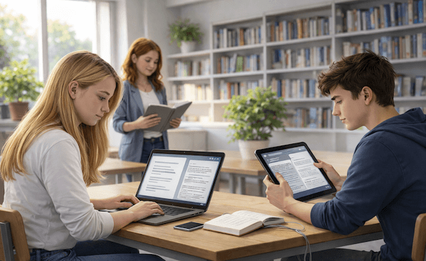 Gymnasieelever använder AI och digitala verktyg för studier i skolbibliotek.