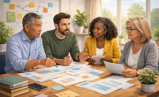 Arbetsgrupp i samtal om att söka effektstöd, med fokus på behov, spridning och uppföljning.