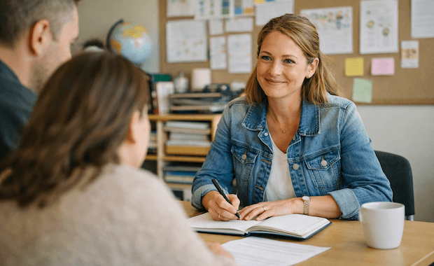Lärare i samtal med vårdnadshavare under ett utvecklingssamtal i skolan